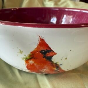 Artisan Ceramic Bowl with Cardinal Design - Red and White